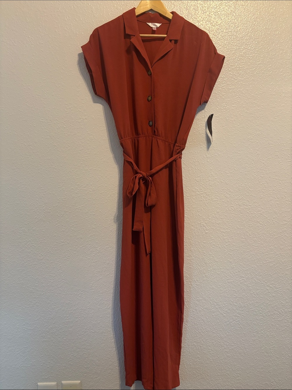 Women’s Rust Red Button-Front Tie-Waist Jumpsuit